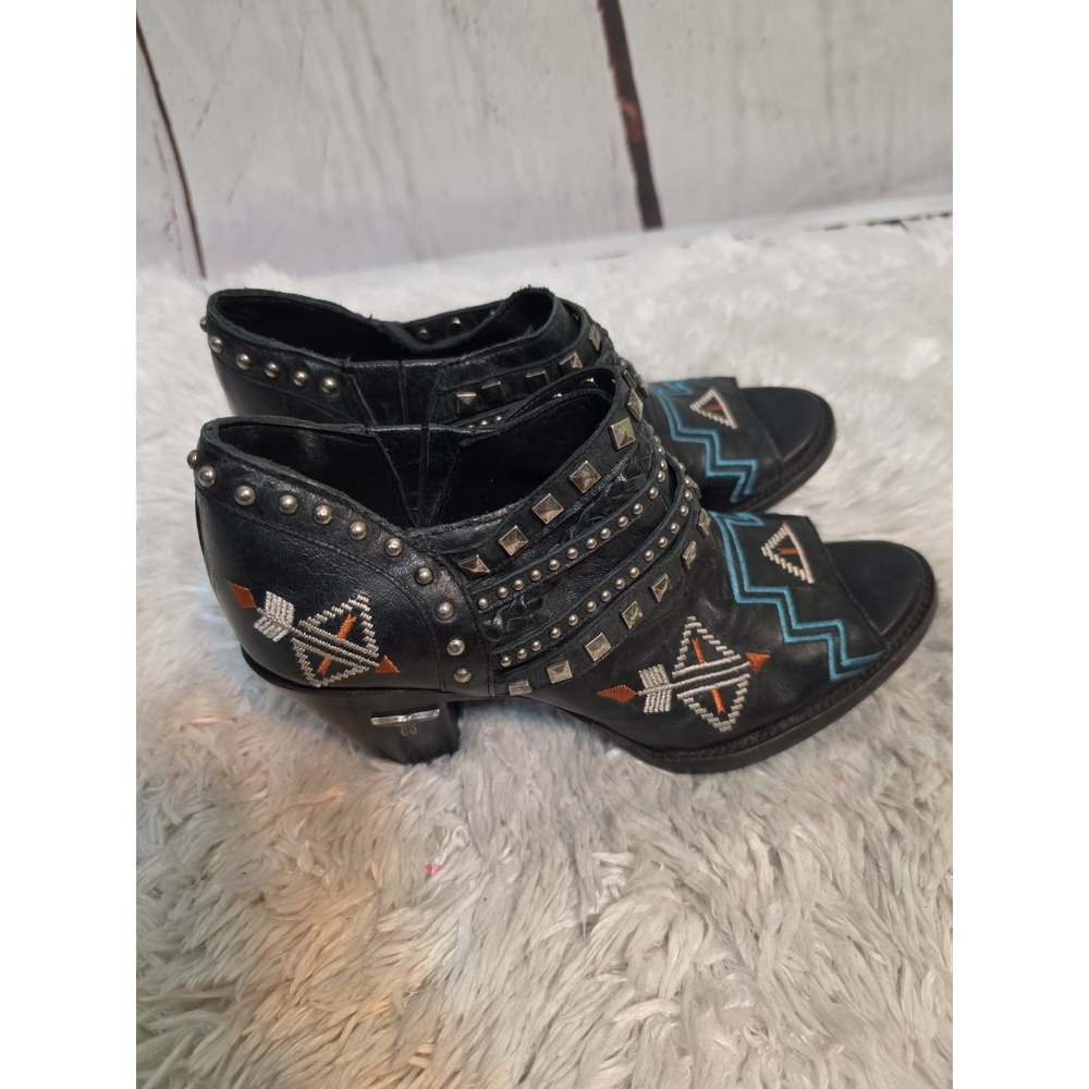 Lane Boots Womens 8 Black Leather Studded Southwestern Peep Toe Booties LB0312A - Picture 3 of 11